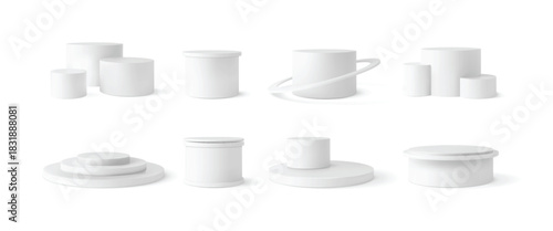 White round podium stands, 3D cylinders pedestals vector set, volume platform scene mockup for product stage showcase