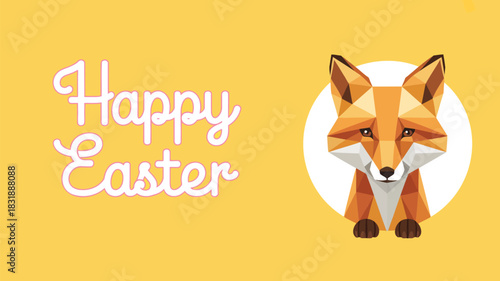 Geometric fox illustration wishing happy easter with whimsical script font on yellow background