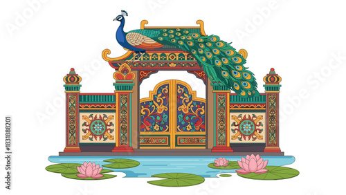 Majestic peacock resting atop ornate oriental gate surrounded by serene lotus blossoms in tranquil water feature, creating a peaceful scene