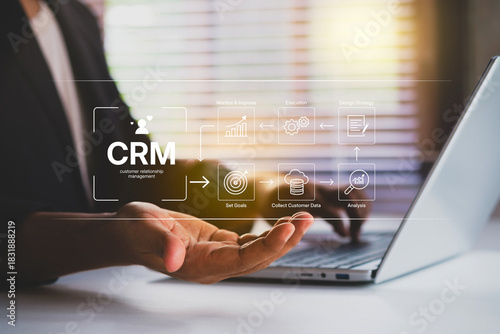 CRM workflow, Customer relationship management, business professional using tablet manage digital strategy, diagram showing goals, data collection, analysis, strategy, execution, and improvement