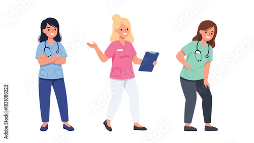 Flat vector collection of cute woman doctors in multiple poses with stethoscope, charts, and medical tools. Ideal for healthcare graphics, job icons, and profession sticker themes