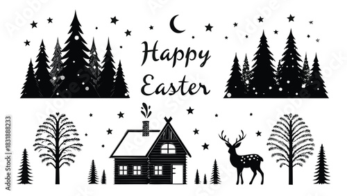 Whimsical black silhouette happy easter greeting card featuring a cozy cabin forest deer moon and stars
