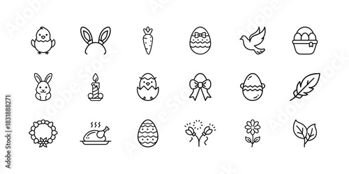 Easter and spring season line icon set featuring traditional symbols like bunny, chick, decorated eggs, candle, dove, carrot, and festive elements. Vector, illustration