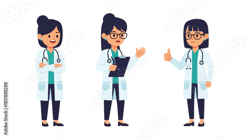 Flat vector collection of cute woman doctors in multiple poses with stethoscope, charts, and medical tools. Ideal for healthcare graphics, job icons, and profession sticker themes