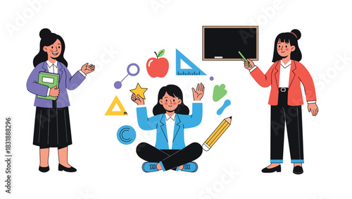 Flat vector sticker set showing cute woman teachers teaching lessons, reading books, and pointing at boards. Ideal for education visuals and job-themed collections