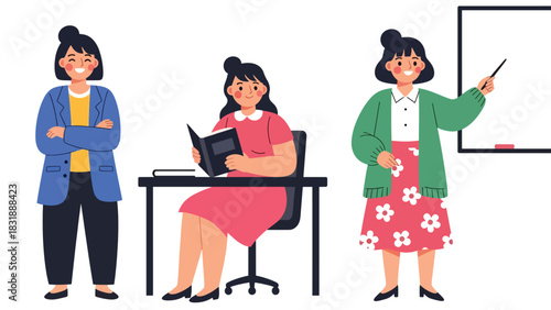 Flat vector sticker set showing cute woman teachers teaching lessons, reading books, and pointing at boards. Ideal for education visuals and job-themed collections