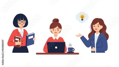 Flat vector sticker set showing cute woman teachers teaching lessons, reading books, and pointing at boards. Ideal for education visuals and job-themed collections