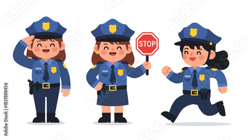 Flat vector collection of cute women police officers in action poses, directing traffic, writing tickets, and saluting. Ideal for law enforcement job themes