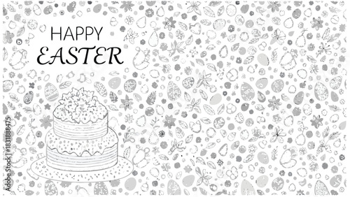 Happy easter greeting card with a festive cake and a background filled with hand drawn easter eggs flowers and leaves in a charming monochrome sketch style