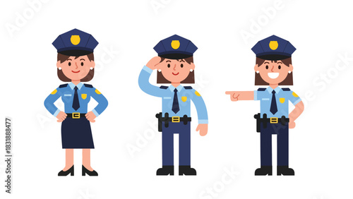 Flat vector collection of cute women police officers in action poses, directing traffic, writing tickets, and saluting. Ideal for law enforcement job themes