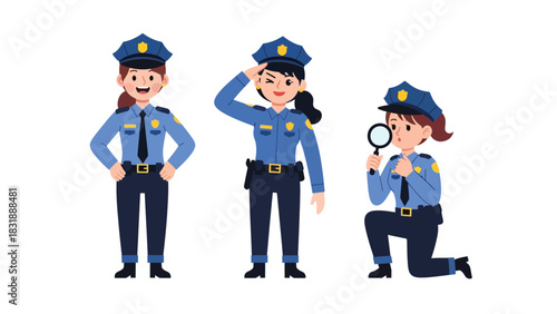 Flat vector collection of cute women police officers in action poses, directing traffic, writing tickets, and saluting. Ideal for law enforcement job themes