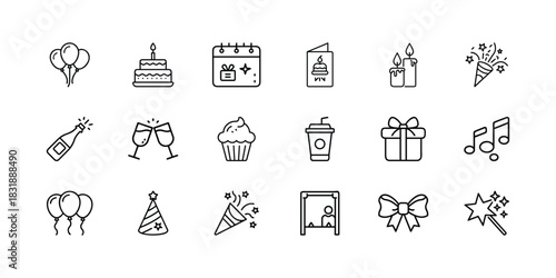 Celebration and party line icons set: birthday cake, balloons, champagne, gifts, music, candles, and festive elements for events and holidays Vector, illustration