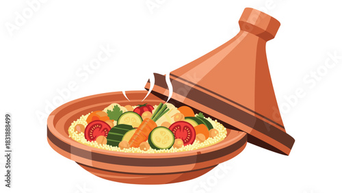 Steaming tagine filled with vibrant vegetables and couscous, a delicious Middle Eastern culinary experience ready to be enjoyed
