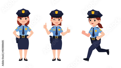 Flat vector collection of cute women police officers in action poses, directing traffic, writing tickets, and saluting. Ideal for law enforcement job themes