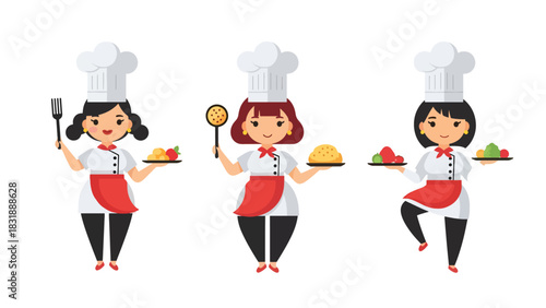 Flat vector set of adorable women chefs cooking, stirring, plating food, and baking. Great for culinary job icons, food branding, and cooking-themed stickers