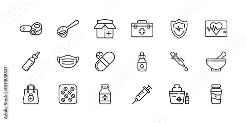 Healthcare and pharmacy line icons collection: essential outline symbols for medical treatment, hospital care, first aid, diagnosis, and wellness supplies Vector, illustration