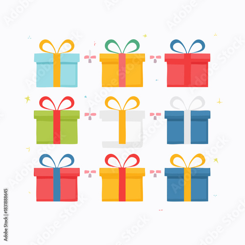 Colorful gift boxes with ribbons. Set of wrapped presents. Gift box icons. Vector illustration on white background. Colorful presents. Gift wrapping. Box icons. Ribbon bows. Vector design.