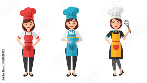 Flat vector set of adorable women chefs cooking, stirring, plating food, and baking. Great for culinary job icons, food branding, and cooking-themed stickers
