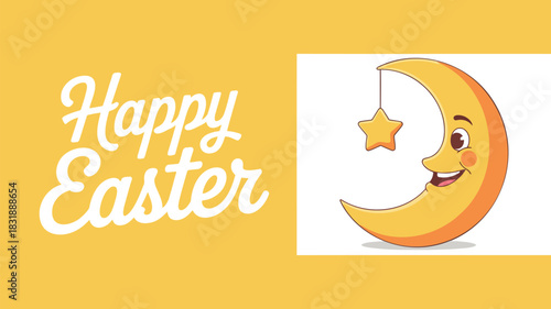 Whimsical happy easter greeting featuring a smiling crescent moon holding a star