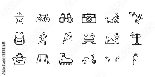 Set of detailed outline icons representing diverse outdoor recreation, leisure activities, travel, and personal hobbies, including sport equipment and park elements Vector, illustration