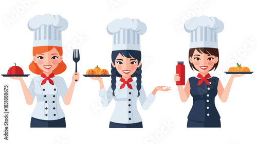 Flat vector set of adorable women chefs cooking, stirring, plating food, and baking. Great for culinary job icons, food branding, and cooking-themed stickers