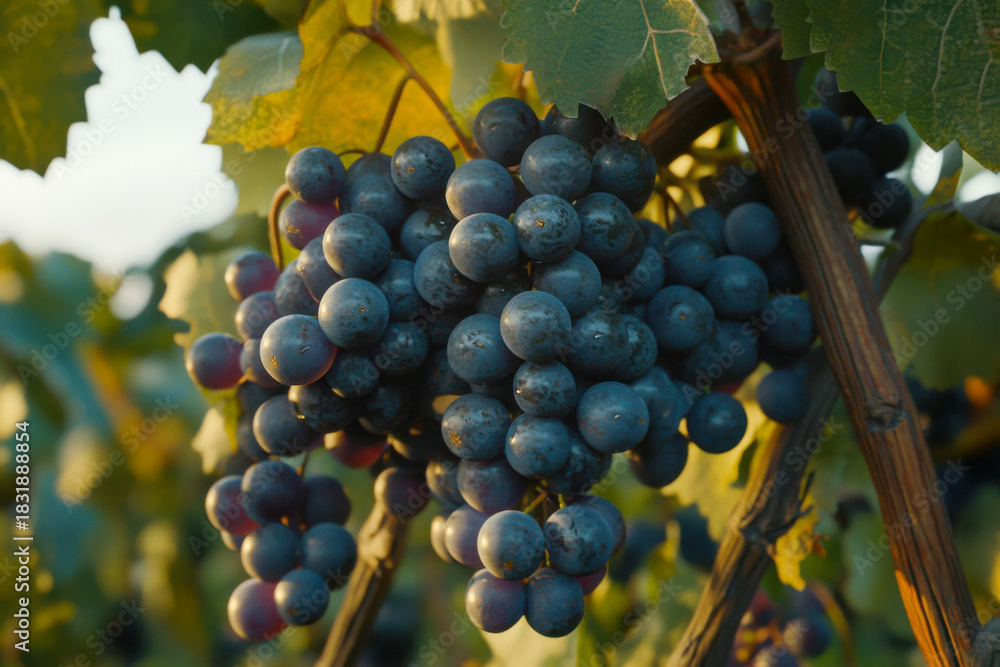 Fototapeta premium Clusters of dark grapes dangle from green vines in a vineyard, illuminated by warm evening sunlight