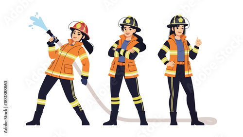 Flat vector sticker set of women firefighters with helmet, hose, extinguisher, and rescue poses. Perfect for emergency careers and professional graphics