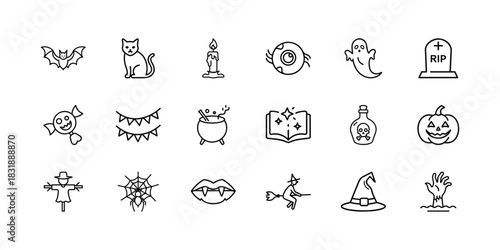 Halloween festive vector line icons collection, featuring spooky bat, cat, ghost, pumpkin, witch hat, cauldron, and zombie hand for graphic design. Vector, illustration