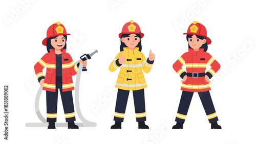 Flat vector sticker set of women firefighters with helmet, hose, extinguisher, and rescue poses. Perfect for emergency careers and professional graphics