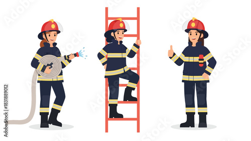 Flat vector sticker set of women firefighters with helmet, hose, extinguisher, and rescue poses. Perfect for emergency careers and professional graphics