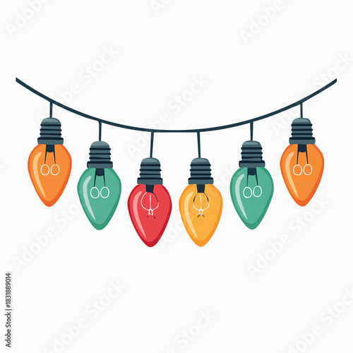 Colorful Christmas light bulbs on string. Holiday decoration. Festive illumination. Vector illustration. String of lights. Bulb icons. Colorful bulbs. White background.
