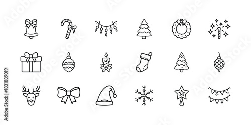 Christmas and holiday season line icon set featuring festive symbols like tree, wreath, bell, gift, santa hat, and reindeer for winter celebrations. Vector, illustration