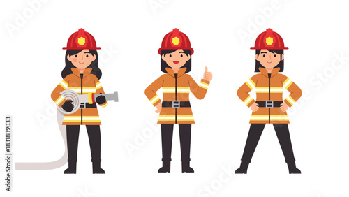 Flat vector sticker set of women firefighters with helmet, hose, extinguisher, and rescue poses. Perfect for emergency careers and professional graphics