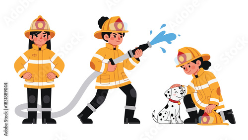 Flat vector sticker set of women firefighters with helmet, hose, extinguisher, and rescue poses. Perfect for emergency careers and professional graphics