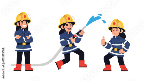 Flat vector sticker set of women firefighters with helmet, hose, extinguisher, and rescue poses. Perfect for emergency careers and professional graphics
