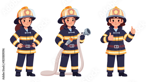 Flat vector sticker set of women firefighters with helmet, hose, extinguisher, and rescue poses. Perfect for emergency careers and professional graphics