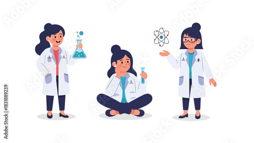 Flat vector collection of cute women scientists holding test tubes, microscopes, and lab tools. Ideal for STEM careers, lab visuals, and educational resources