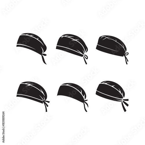 Black Color Surgical cap set Silhouette Vector Illustration, Solid White Background.