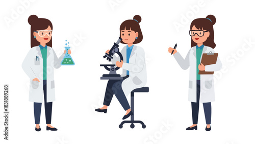 Flat vector collection of cute women scientists holding test tubes, microscopes, and lab tools. Ideal for STEM careers, lab visuals, and educational resources