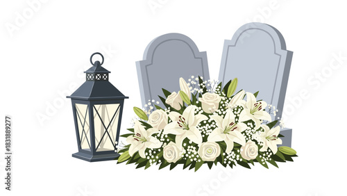 Elegant flower arrangement at headstones with a classic lantern honoring remembrance and sympathy in loving memory of a lost loved one