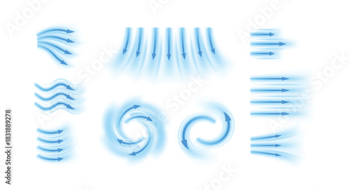 Air flow vector set, blue arrows showing wind straight, swirl and wave direction of air movement, cold fresh streams