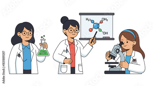 Flat vector collection of cute women scientists holding test tubes, microscopes, and lab tools. Ideal for STEM careers, lab visuals, and educational resources