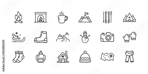 Minimalistic line icons set for winter, outdoor adventures, and cozy season. includes snow, camping, hiking, skiing, and cold weather essential activity symbols. Vector, illustration