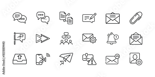 Modern communication and digital interaction line icon set for web, mobile apps, and user interfaces, encompassing messages, notifications, and data management. Vector, illustration