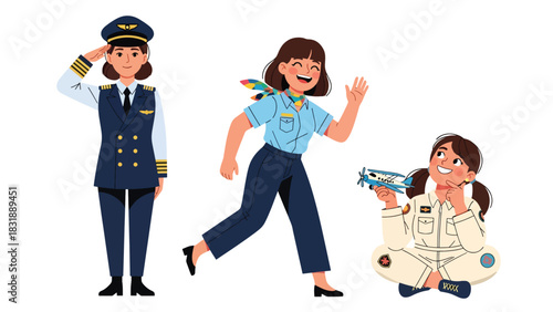 Flat vector sticker set of cute women pilots with airplane icons, maps, and headset. Perfect for aviation career graphics and professional character collections
