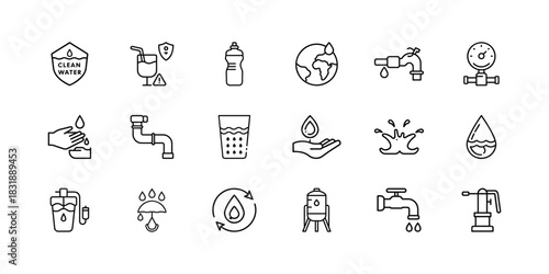 Water icons set for purification, conservation, resource management, hydration, plumbing, and environmental sustainability concepts on white background. Vector, illustration