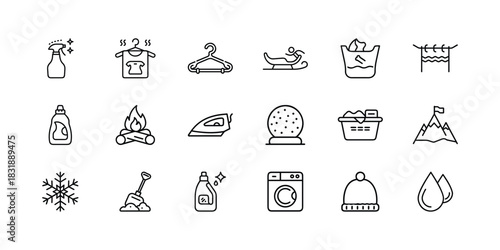 Minimalist line icon collection: laundry, cleaning, winter, and outdoor symbols. essential vector pictograms for household, season, and adventure graphic design. Vector, illustration