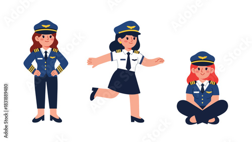 Flat vector sticker set of cute women pilots with airplane icons, maps, and headset. Perfect for aviation career graphics and professional character collections