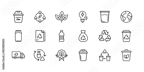 Eco-friendly recycling and environmental sustainability vector line icon set, outlining waste management, green energy, and earth protection concepts. Vector, illustration