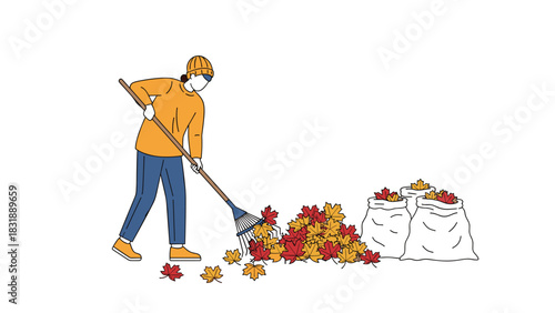 Autumn cleanup raking colorful leaves into bags for a tidy yard, symbolizing seasonal tasks and outdoor activities